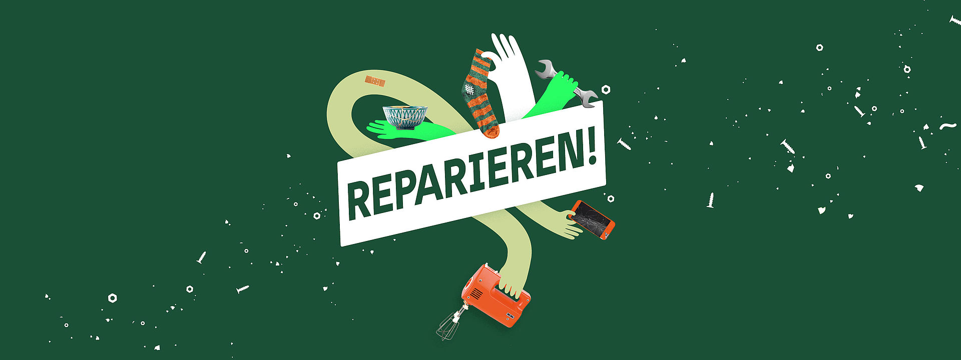 Im Zentrum des Plakatmotivs zur Sonderausstellung steht der Schriftzug „Reparieren!“ Darum schlängeln sich fünf grafisch gestaltete Hände in grün und weiß. Diese halten verschiedene Gegenstände: ein Handy mit kaputtem Display, einen Maulschlüssel, eine geflickte Socke, eine asiatisch anmutende Schüssel, die in der Technik der japanischen Goldreparatur ausgebessert wurde und einen orangenen Mixer. Die Angaben „Eingang Ladestraße“ und die Laufzeit „7.12.22-3.9.23“ sind ebenfalls zu sehen.