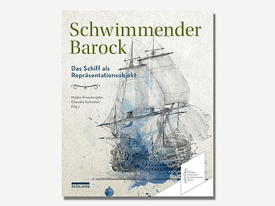Buchcover: Ein gezeichnetes Segelschiff mit barocker Heckfassade und gesetzten Segeln. Darunter ein blauer Tintenklicks.