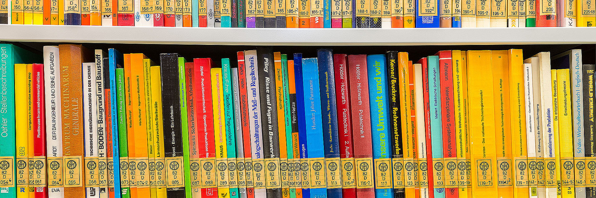 Blick in ein Regal, in dem bunte Buchrücken zu sehen sind, die mit gelben Signaturen ausgestattet sind.