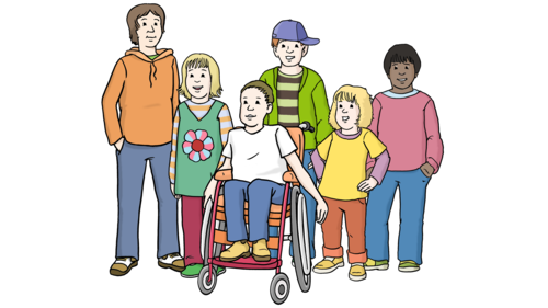 Eine Zeichnung: Eine Gruppe von Kindern steht zusammen, ein Junge sitzt im Rollstuhl.