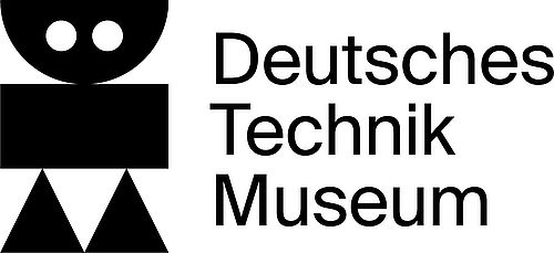 Logo des Deutschen Technikmuseums. Ein Roboter, der aus den Grundformen Kreis, Viereck und Dreieck gebildet ist, plus die Wortmarke "Deutsches Technik Museum".