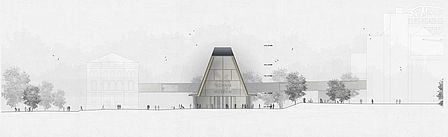 Ansicht des Entwurfs für ein Eingangsgebäude des Museums der Architekten Innauer Matt. Man kann das scheunenartige Dach erkennen und die Brücken, die das Haupthaus und die Ladestraße mit dem Gebäude verbinden.