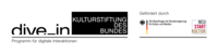 Logo-Reihe des Projekt "dive in", gefördert im Rahmen des Projekts "Neustart" der Bundesbeauftragten für Kultur und Medien. Zu sehen sind alle drei Logos.