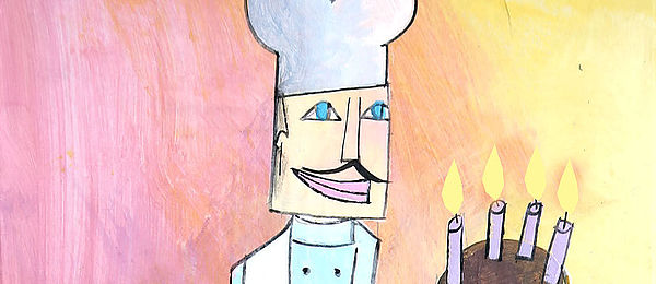 Illustration of a chef with a tall chef's hat holding a birthday cake in his hands and balancing on a unicycle.