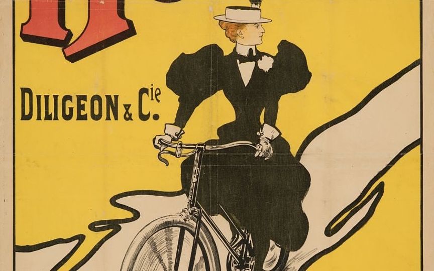 At the center of the advertising poster is a lady in a white hat and black dress. She is riding a bicycle and is headed toward the picture’s bottom left corner. The top third of the poster is occupied by the striking letters “Hurtu” in red, on yellow ground. Below, in smaller writing, we read “Diligeon & Cie.”