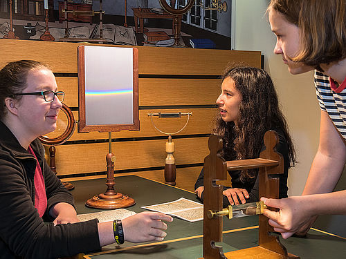 Drei Mädchen experimentieren an einem Tisch. Zwei sitzen sich am Tisch gegenüber, ein drittes steht ganz rechts. Es ist leicht nach vorne gebeugt und justiert ein Glasprisma in einem Holzgestell. Das Mädchen links schaut sie an. Auf dem Tisch steht in einem Holzgestell eine helle Fläche, etwa so groß wie ein A4-Blatt. Auf der Fläche leuchten in einem waagerechten Streifen die Spektralfarben. Das Mädchen in der Mitte betrachtet diese. Die Geräte erwecken durch ihr dunkles Holz und ihre Formen einen historischen Eindruck.