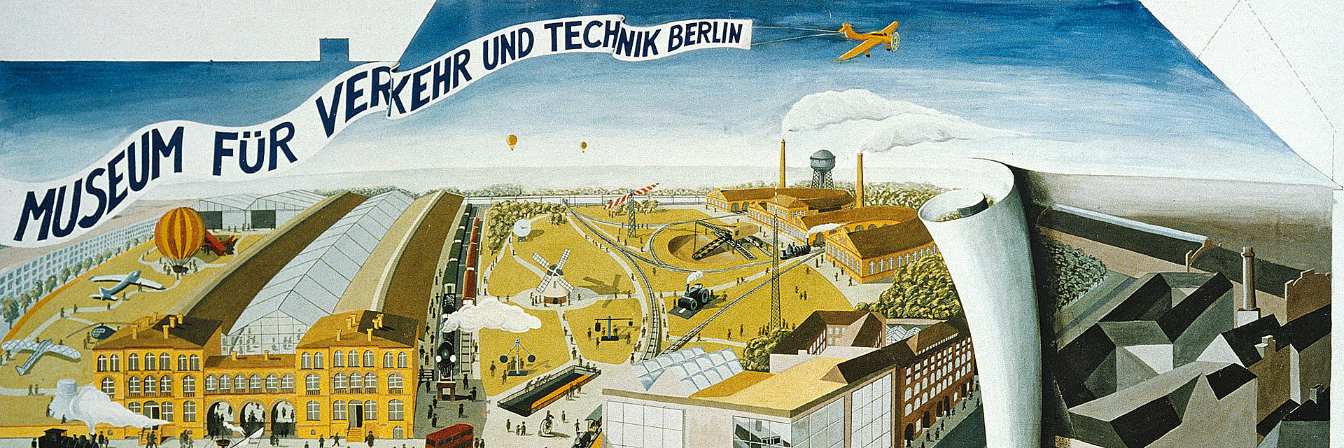 Eine Bildrolle enthüllt eine gemalte Vision des Technikmuseums: Im Neubau ein originaler Dampfer, Mühlen im Park, in der Ladestraße raucht eine Lok, im Landwehrkanal fahren historische Schiffe. Darüber steht auf einem Transparent „Museum für Verkehr und Technik Berlin“.