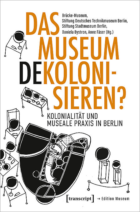 Das Cover zeigt unter dem Titelschriftzug einen großen schwarzen Kopf. Um diesen herum sind weitere Formen zu sehen, die an Tische mit Globen darauf erinnern.