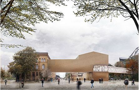 Ansicht eines Entwurfs für ein neues Eingangsgebäude des Museums der Architekten mlzd. Zu sehen ist eine braune Giebelfassade.