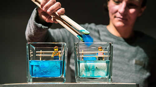 Eine Vorführerin zeigt anhand zweier Modelle die Zusammenhänge von Wasser, Eis und Land. 