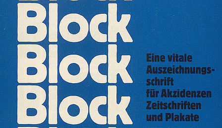 Blick auf einen Ausschnitt des Covers des Schriftmusterbuches „Block: Eine vitale Auszeichnungsschrift für Akzidenzen, Zeitschriften und Plakate.“ Der Schriftname Block ist mehrmals aufgeführt und jeweils untereinander angeordnet.
