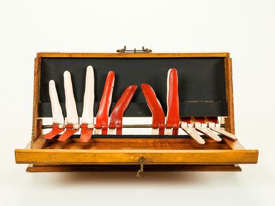 Die Finger-Rechen-Apparat besteht aus einem braunen Holzkoffer, dessen Vorderteil im Unterricht nach unten geklappt werden konnte. Dann kommen zwei Handumrisse aus Metall zum Vorschein. Diese Hände sind jeweils in doppelter Ausführung vorhanden. Die vordere Reihe besteht aus roten Metallfingern, dahinter sind in gleicher Größe weiße Metallfinger nachgebildet. Beide Fingerreihen lassen sich mit einem einfachen Mechanismus nach vorne klappen. 