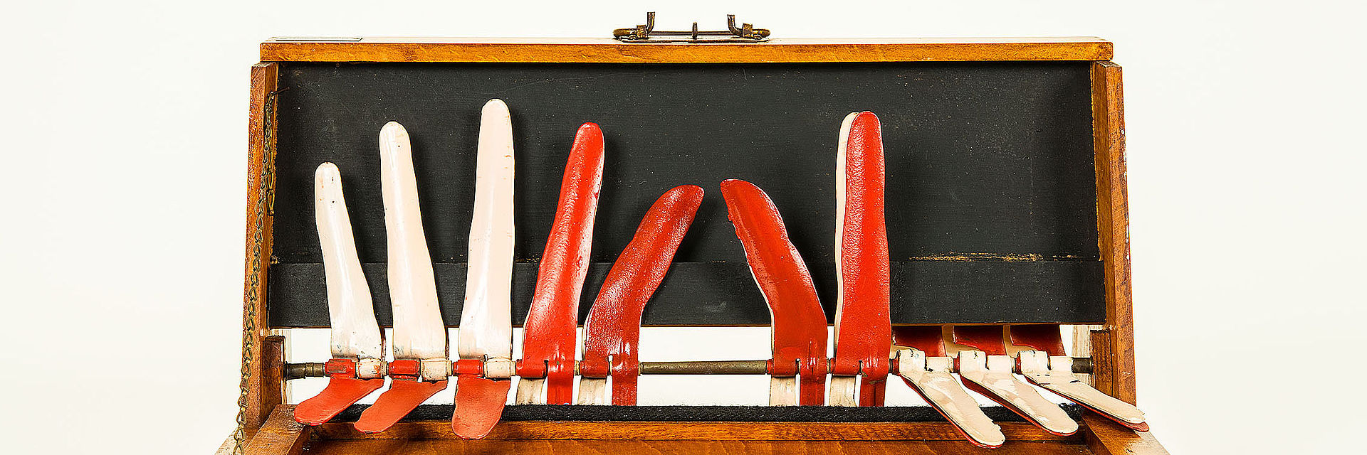 The finger calculator consists of a brown wooden case, the front part of which can be opened downwards to form a kind of showcase during lessons. The outlines of the ten metal fingers of two "hands" are displayed. There is a set of duplicate fingers hidden behind the visible ones. There are thus two rows of fingers. The front row is made up of red metal fingers behind which are identically shaped white ones. Both rows of fingers can be folded down towards the front by means of a simple mechanism. 