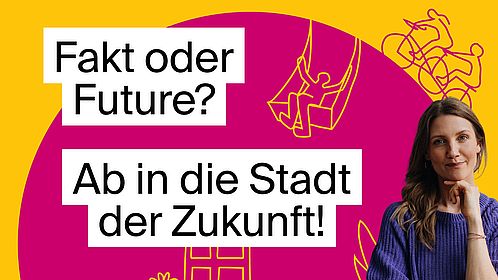 Cover des Podcasts "Fakt oder Future? Ab in die Stadt der Zukunft!" Daruaf ist in Pink und Orange das gezeichnete Key Visual einer silisoerten Stadt zu sehen und das Logo des Deutschen Technikimuseums. Außerdem steht eine Frau in Vordergrund - die Moderatorin Jana Forkel.