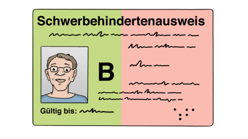 Eine Zeichnung eines grün-rosa Schwerbehindertenausweises mit den Kennzeichen „B“.