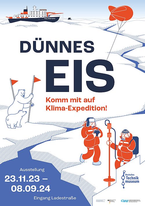 Auf dem Plakat für die Ausstellung "Dünnes Eis" im Comicstil ist eine durch einen Graben durchbrochene Eisscholle zu sehen, zwei Eisbären und zwei Forschende. Im Hintergrund ist das Forschungsschiff Polarstern und ein fliegender Forschungsballon zu sehen.