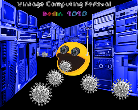 Ein Pac-Man frisst sich an Corona Viren durch ein Labyrinth aus blauen Vintage-Computer-Wänden.