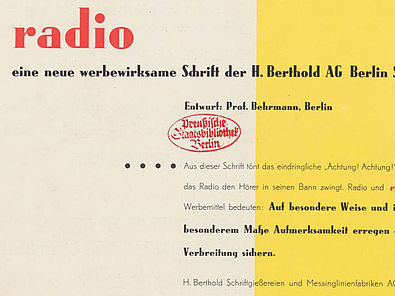 Plakat zur von der Berthold AG entworfenen Werbeschrift radio 