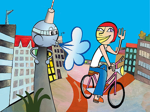Im Comicstil ist vor blauem Himmel eine Radfahrerin zu sehen, die auf einem Radweg in der Stadt fährt. Ein vermenschlichter Berliner Fernsehturm pustet ihr Rückenwind zu. Am Horizont eine Straße mit vielen Autos und Häuser.