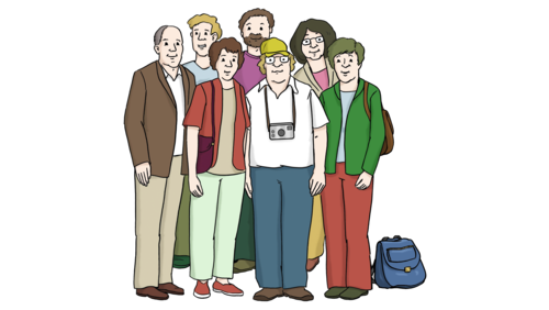 Eine Zeichnung einer Gruppe von Menschen, die mit Kameras und Reisegepäck als Touristen zu erkennen sind.