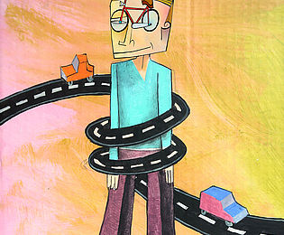 Illustration of a man with bicycle-shaped glasses perched on his nose, being embraced by a road on which small cars are driving, as if by a boa constrictor.