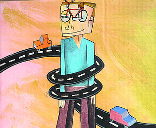 Illustration eines Mannes, der eine fahrradförmige Brille auf der Nase sitzen hat und von einer Straße, auf der kleine Autos fahren, wie von einer Boa Constrictor umschlungen wird.