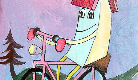 Illustration of a humanized house with a red tiled roof riding a bicycle on a country road in the countryside.