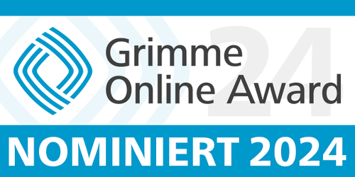 Logo des Grimme Online Award für die Nominierung 2024, in schwarzer Schrift "Grimme Online Award", daneben ein rautenförmiges blaues Logi, darunter in weißer Schrift auf Blau der Text "nominiert 2024"