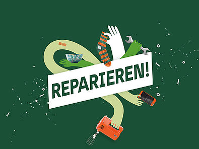 Im Zentrum des Plakatmotivs zur Sonderausstellung steht der Schriftzug „Reparieren!“ Darum schlängeln sich fünf grafisch gestaltete Hände in grün und weiß. Diese halten verschiedene Gegenstände: ein Handy mit kaputtem Display, einen Maulschlüssel, eine geflickte Socke, eine asiatisch anmutende Schüssel, die in der Technik der japanischen Goldreparatur ausgebessert wurde und einen orangenen Mixer. Die Angaben „Eingang Ladestraße“ und die Laufzeit „7.12.22-3.9.23“ sind ebenfalls zu sehen.