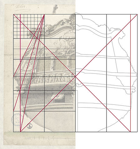 Entwurfszeichnung eines Schiffshecks, auf dem feine Linien eines Rasters zu erkennen sind. Diese Raster ist die Grundlage der geometrischen Ordnung barocker Schiffsarchitekturitektur.