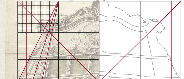 Entwurfszeichnung eines Schiffshecks, auf dem feine Linien eines Rasters zu erkennen sind. Diese Raster ist die Grundlage der geometrischen Ordnung barocker Schiffsarchitekturitektur.