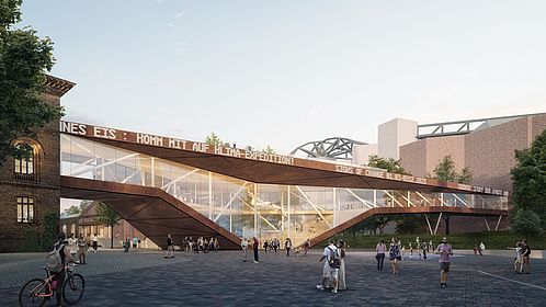 Ansicht eines Entwurfs eines Eingangsgebäudes des Museums der Architekten querkraft. Man sieht eine trapezförmige große Glasfront, eingerahmt durch kupferfarbene Decken- und Bodenflächen.