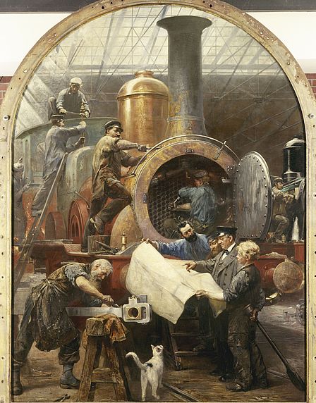 Ein Gemälde von Paul Meyerheim zeigt Arbeiter bei der Produktion einer Lokomotive.
