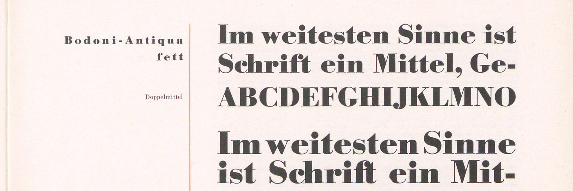 Ausschnitt einer Seite aus dem Buch „Schriftmuster“ mit Probe der Schrift „Bodoni-Antiqua fett“ mit folgendem Text: Im weitesten Sinne ist Schrift ein Mittel, … ABCDEFGHIJKLMNO.