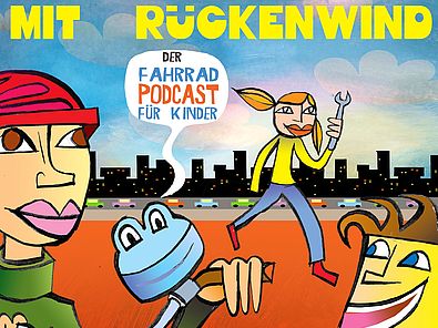 Buntes Cover des Podcasts „Mit Rückenwind – Der Fahrrad-Podcast für Kinder“. Gezeichnete Figuren mit Fahrrad und Werkzeug, vor einer Stadt-Silhouette mit Autos, Himmel und Wolken.