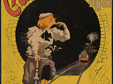Auf dem Plakat sieht man eine Dame mit grauem Rock und schwarzer Bluse. Sie fährt auf einem Fahrrad gerade aus einem Eisenbahntunnel. Sie hat ihren Kopf nach hinten gewendet und wirft einen überlegenen Blick hinter sich. Dort folgt ihr eine Dampflokomotive. Diese befindet sich noch im Tunnel. Man erkennt schemenhaft den winkenden Lokführer. Über dem Tunnel ist der Schriftzug „Cycles Terrot Dijon“. Unten Rechts ist eine Fahrradritzel mit Kette mit der Bezeichnung „nouvelle chaine Brevetèe S.G.D.G.“