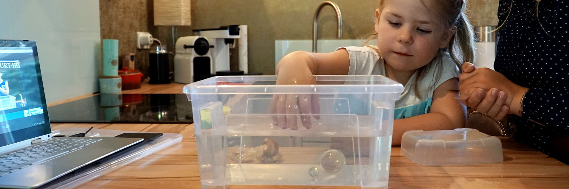 Zwei Kinder experimentieren an einem Küchentisch. In der Mitte des Tisches befindet sich eine Box mit Wasser. Um die Box liegen verschiedene Gegenstände: Steine, Hölzer, Muschel, Feder, Münzen und Knete. Im Hintergrund befindet sich ein Laptop, auf dem das Livestreaming läuft.