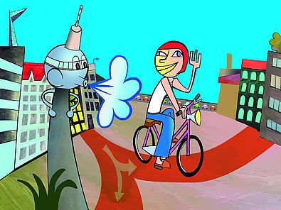 Im Comicstil ist vor blauem Himmel eine Radfahrerin zu sehen, die auf einem Radweg in der Stadt fährt. Ein vermenschlichter Berliner Fernsehturm pustet ihr Rückenwind zu. Am Horizont eine Straße mit vielen Autos und Häuser.