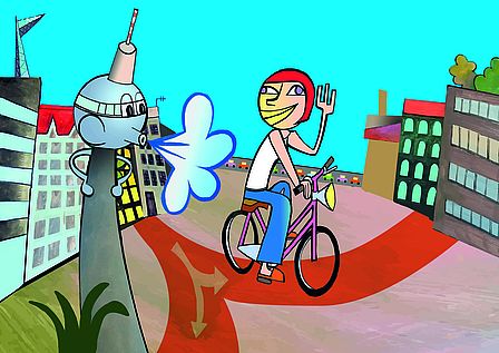 Im Comicstil ist vor blauem Himmel eine Radfahrerin zu sehen, die auf einem Radweg in der Stadt fährt. Ein vermenschlichter Berliner Fernsehturm pustet ihr Rückenwind zu. Am Horizont eine Straße mit vielen Autos und Häuser.