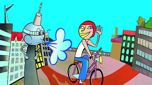 Im Comicstil ist vor blauem Himmel eine Radfahrerin zu sehen, die auf einem Radweg in der Stadt fährt. Ein vermenschlichter Berliner Fernsehturm pustet ihr Rückenwind zu. Am Horizont eine Straße mit vielen Autos und Häuser.