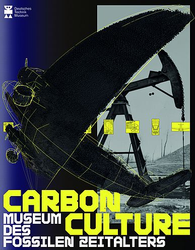 Cover der Publikation "Carbon Culture.Museum des fossilen Zeitalters" mit 3D-Modell eines Flugzeugs und Ölförderpumpe im Hintergrund.