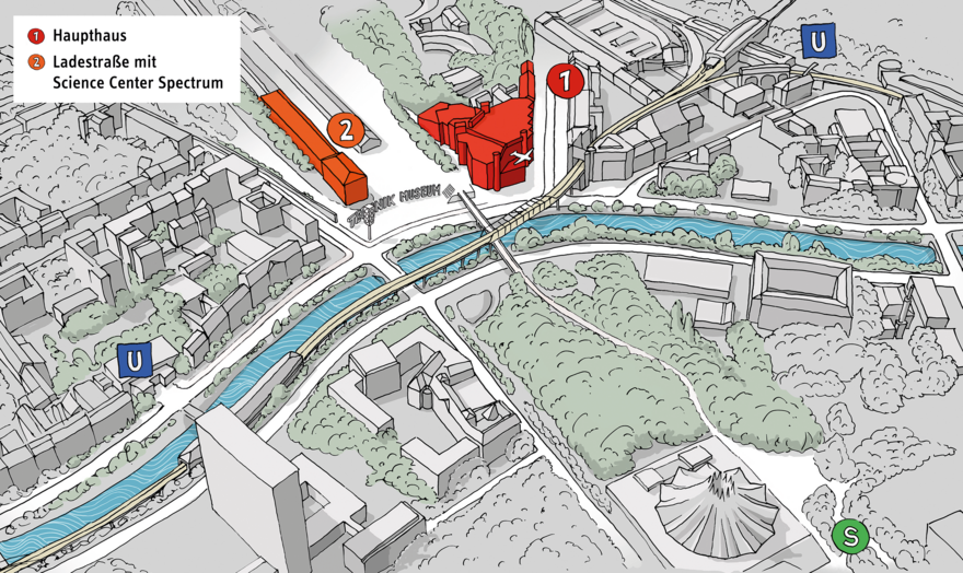 Umgebungskarte des Deutschen Technikmuseums. Das Haupthaus des Museums ist rot eingezeichnet, der Bereich Ladestraße ist orange hervorgehoben. Die drei nahegelegenen S- und U-Bahn-Stationen sind eingezeichnet.
