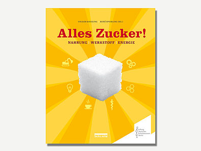 Gelbes Buchcover: In der Mitte ist ein Zuckerwürfel abgebildet. Von ihm gehen hell- und dunkelgelbe Strahlen aus. Um den Würfel herum sind verschiedene Icons zu sehen. Darüber steht der Titel des Buches in knallroter Farbe „Alles Zucker“.