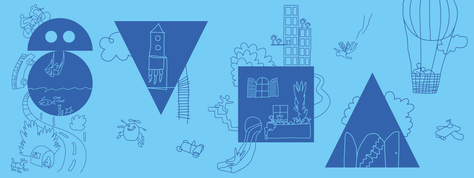 Das Keyvisual der Ausstellung "SuperCity 3000. Unsere Stadt der Zukunft" mit Grafiken auf blauem Hintergrund, die Zukunftsvisionen von Kindern der Stadt der Zukunft zeigen.