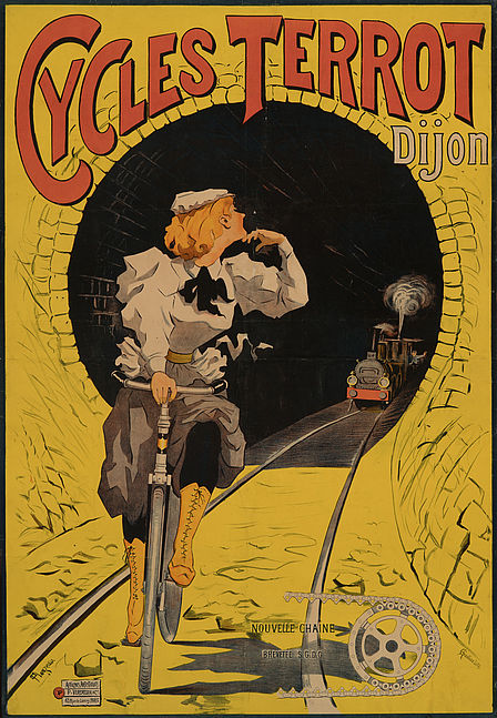Auf dem Plakat sieht man eine Dame mit grauem Rock und schwarzer Bluse. Sie fährt auf einem Fahrrad gerade aus einem Eisenbahntunnel. Sie hat ihren Kopf nach hinten gewendet und wirft einen überlegenen Blick hinter sich. Dort folgt ihr eine Dampflokomotive. Diese befindet sich noch im Tunnel. Man erkennt schemenhaft den winkenden Lokführer. Über dem Tunnel ist der Schriftzug „Cycles Terrot Dijon“. Unten Rechts ist eine Fahrradritzel mit Kette mit der Bezeichnung „nouvelle chaine Brevetèe S.G.D.G.“