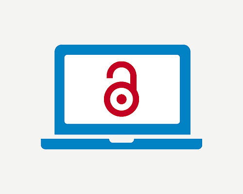 Vektorgrafik eines Laptops in Blau. Auf dem weißen Display ist das Open-Acess-Logo in Rot zu sehen: Ein stilisiertes offenes Schloss.