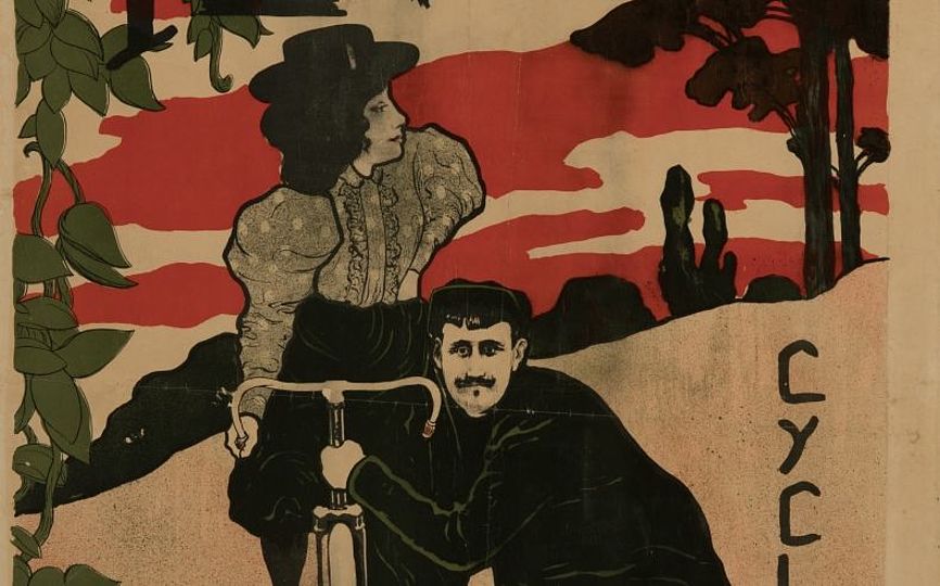 At the center of this advertising poster is a lady wearing a gray blouse and a black hat. She is sitting on a bicycle steadied by a man who is slightly crouched. The scene is framed by green decorative foliage and the brand name “Plasson Cycles.”