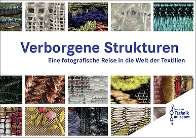 Dach Cover zum Booklet "Verborgene Strukturen". Darauf sind Makroaufnhamen von unterschiedlichen Textilien schachbrettförmig angelegt.